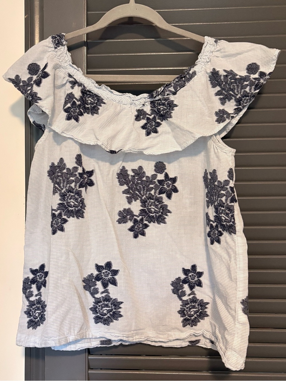 J Jill Embroidered Blue Ruffle Off-Shoulder Cotton Blouse